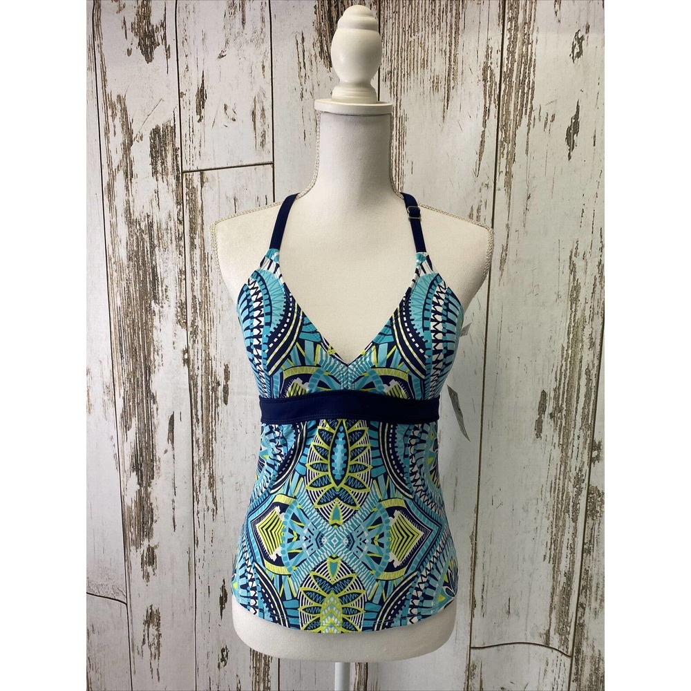 Navy Teal White and Bright Green Design Tankini Top Size Small